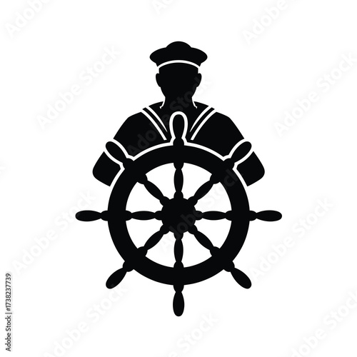 Nautical silhouette of a sailor at the helm ready for adventure