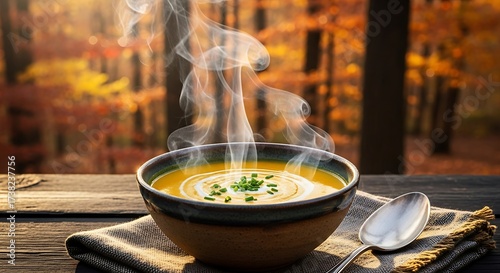 Steaming Hot Autumn Soup with Chives on Rustic Table. Cozy Comfort Food for Fall Season with Blurred Forest Background.