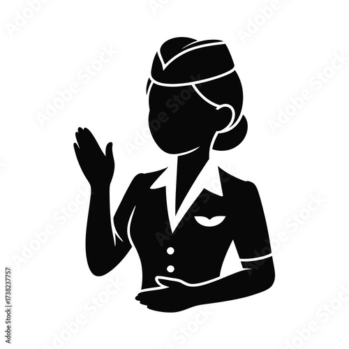 Stylized silhouette of a smiling flight attendant greeting passengers