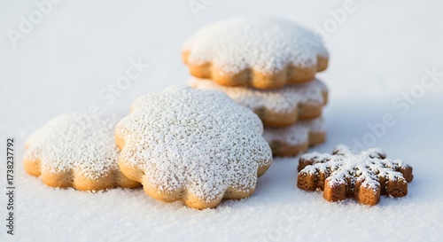 Festive shortbread cookies with powdered sugar on white snow, winter holiday treats