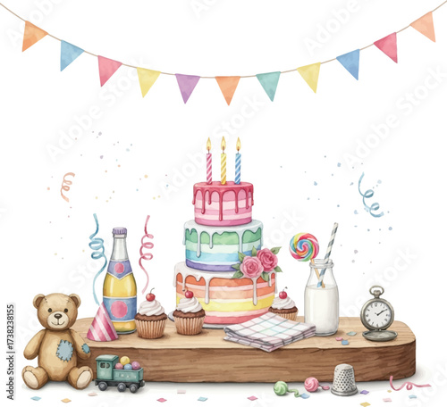 Birthday party celebration with cake candles card and decorations