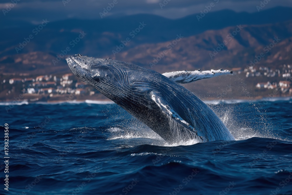 Fototapeta premium Humpback whale breaching from deep ocean water