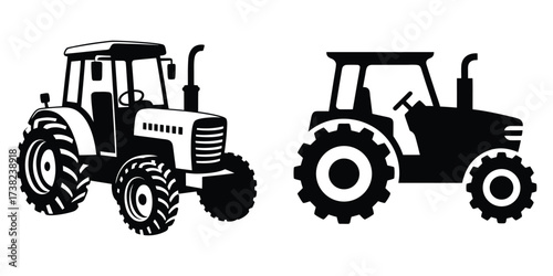 Agricultural tractor machine silhouettes for farm field work and cultivation vector set
