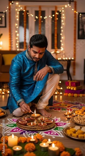Indian man in traditional clothing lights a diya on Diwali night at home for a traditional celebration