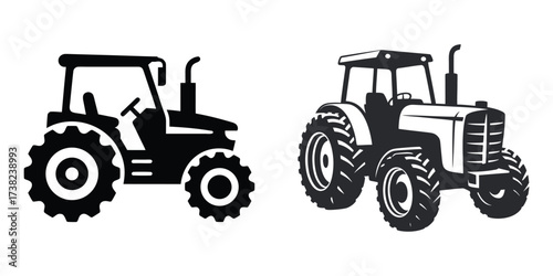 Black and white tractor vector set with different styles of agricultural vehicles for farm use