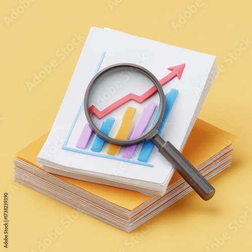 Magnifying glass over financial growth chart on stack of papers