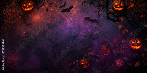A dark Halloween background featuring glowing jack o lantern pumpkins, black bats flying, spider webs, and tree branches against a purple and orange night sky filled with eerie mist and falling leaves