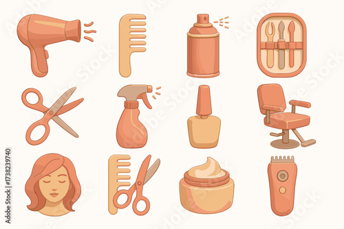 12 stylized icons related to hairdressing, rendered in soft brown and pink tones.