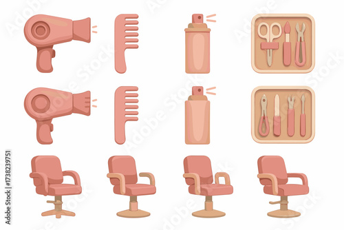 12 stylized icons related to hairdressing, rendered in soft brown and pink tones.