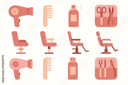 12 stylized icons related to hairdressing, rendered in soft brown and pink tones.