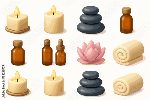 A set of 3D icons related to relaxation and spa treatments.  All of this is stylized in a warm, calm color scheme associated with rest and self-care.