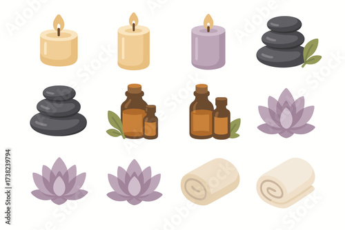 12 stylized 3D icons related to spa and relaxation, rendered in soft beige, brown, and pink tones.