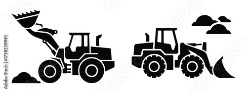 Black silhouette of construction vehicles including tractors, diggers, and bulldozers vector illustration