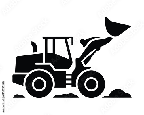 Industrial construction vehicles icon set with bulldozer, excavator, and front loader silhouettes
