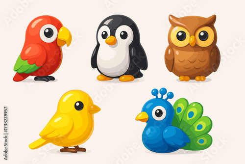 A set of 3D icons representing various birds. Colorful icons that can be used for designs related to nature, wildlife, or children's illustrations.