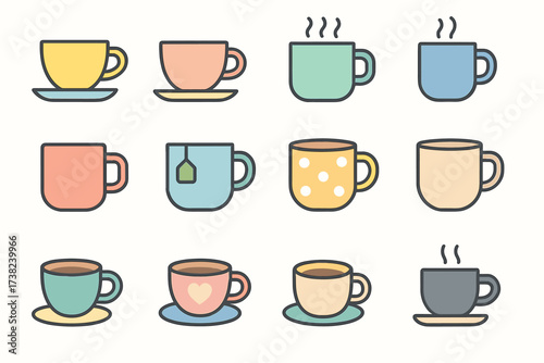 A set of icons representing cups with hot drinks. These are colorful icons in pastel colors that can be used for designs related to coffee, tea, or a cozy atmosphere.