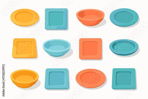 A set of 3D icons representing tableware. These are colorful icons in pastel colors that can be used for designs related to the kitchen or food.