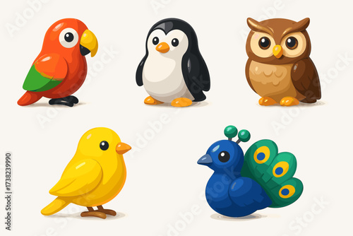 A set of 3D icons representing various birds. Colorful icons that can be used for designs related to nature, wildlife, or children's illustrations.