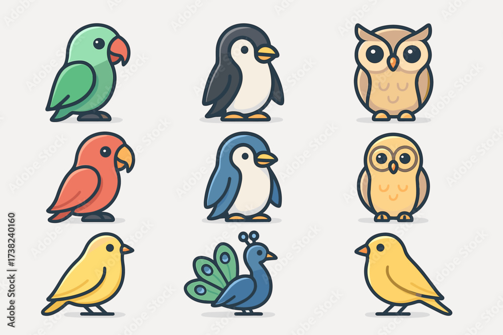 Obraz premium Nine cartoon-style illustrations of birds. All birds are depicted in bright colors against a light background.
