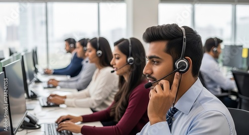 Indian call center agents wearing headsets work in a busy open office during daytime
