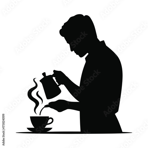 Silhouette of a person pouring hot beverage into a cup creating steam art