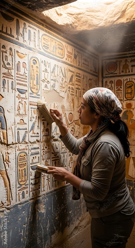 Obraz premium Archaeologist deciphering hieroglyphs in an ancient Egyptian tomb, focused on the wall.