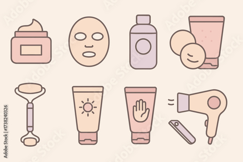 A set of outline color icons dedicated to skin care and beauty. The icons are rendered in soft pastel colors.