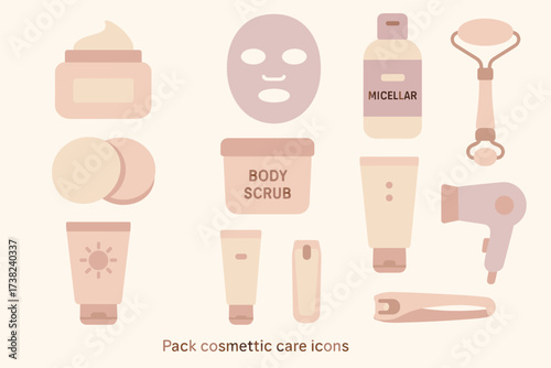 A set of icons dedicated to personal care and cosmetics. The icons are rendered in soft beige tones.