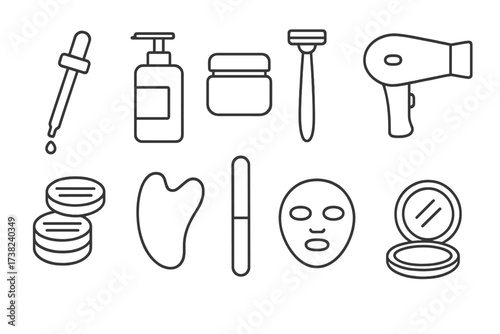 Linear icons for cosmetics and beauty items.
