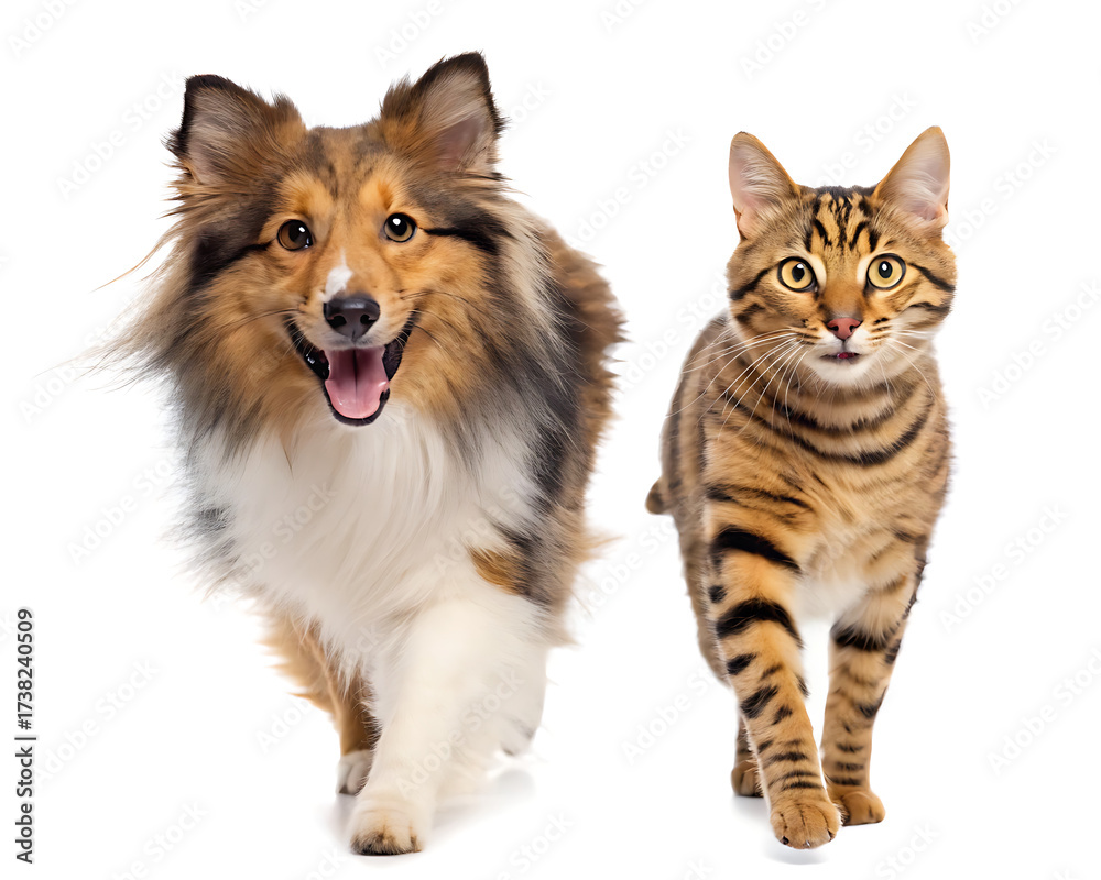 Fototapeta premium A shetland sheepdog and a bengal cat running forward on a white background in a studio setting