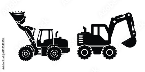 Black silhouette of construction vehicles including tractors, diggers, and bulldozers vector illustration