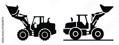 Black silhouette of construction vehicles including tractors, diggers, and bulldozers vector illustration