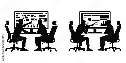 Office Workers Collaboration and Data Presentation Black Silhouette Icons