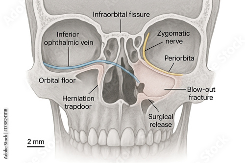 Anatomical illustration of a blow-out fracture of the orbital floor, detailing the herniation trapdoor, surgical release, inferior ophthalmic vein, infraorbital fissure, and zygomatic nerve.
