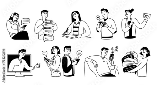 A set of doodles of people active in various forms of online and offline communication, including social media, chat, apps and services, and conversations. Vector illustration