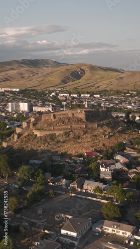 Aerial view of Gori Fortress before sunset. Vertical video