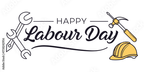 Happy labour day celebration featuring tools and hard hat graphics for workers
