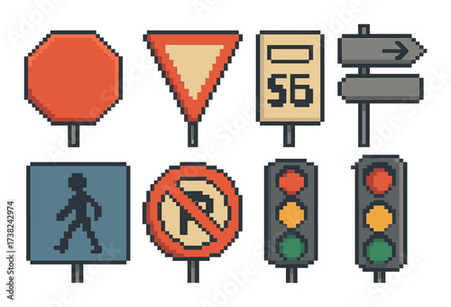 Pixel art traffic signs: stop, yield, speed, direction, pedestrian, no parking, traffic lights
