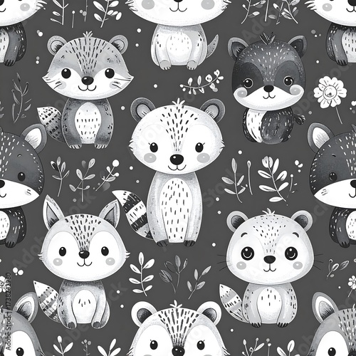 Cute grayscale woodland animals