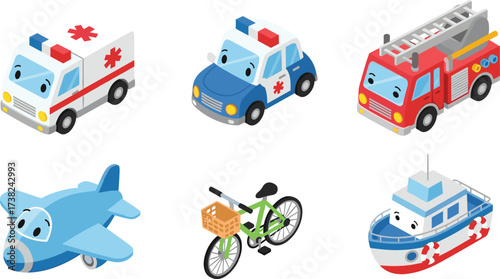 Cute Isometric Transport Vehicles Collection, Cartoon Ambulance, Police Car, Fire Truck, Airplane, Bicycle, Boat Vector Set, Kids Transportations Graphics, Emergency and Travel