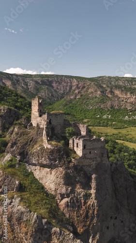 Aerial view of Ruins of Drisi Fortress in Georgia. Vertical video