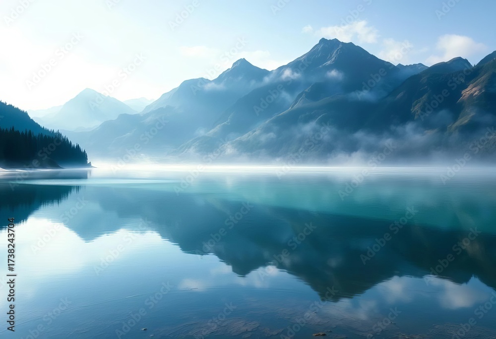 Obraz premium Ethereal washes of blues, greens, and purples evoke a serene, misty mountain range reflecting in a still lake, green, mountains