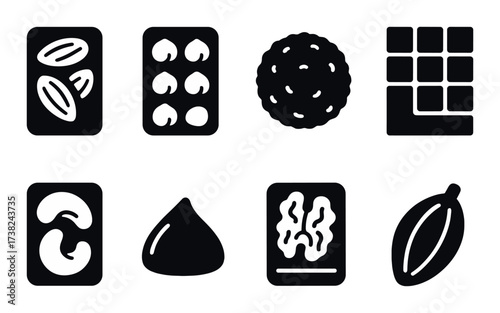 Black and white icons of various nuts and seeds on dark background