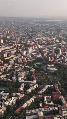 Aerial view of downtown Yerevan with modern and historic buildings. Vertical video