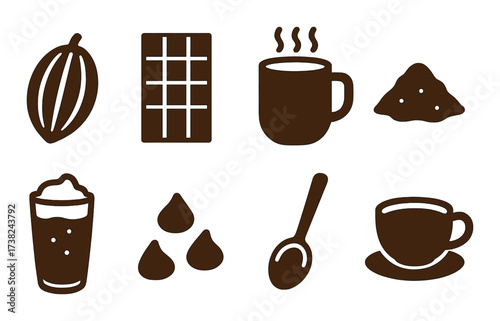 Various chocolate icons: cacao, bar, drink, powder, cup