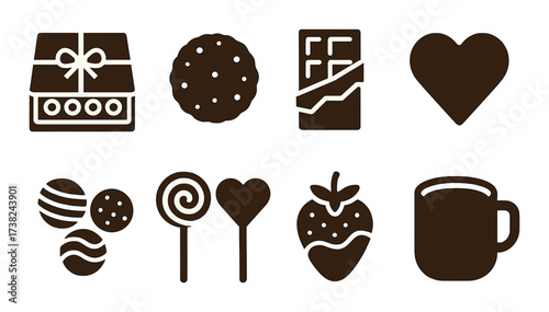 Chocolate and sweet treat icons on brown background