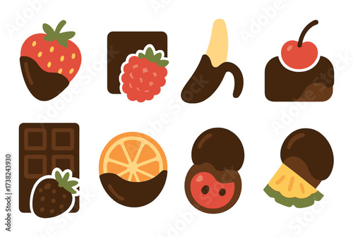 Colorful assorted chocolate covered fruits icons on brown background
