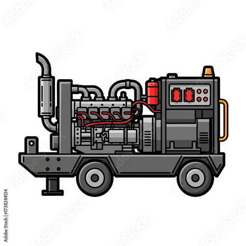 A mobile industrial diesel generator on a wheeled chassis, providing reliable backup power supply. Isolated vector illustration of heavy-duty equipment