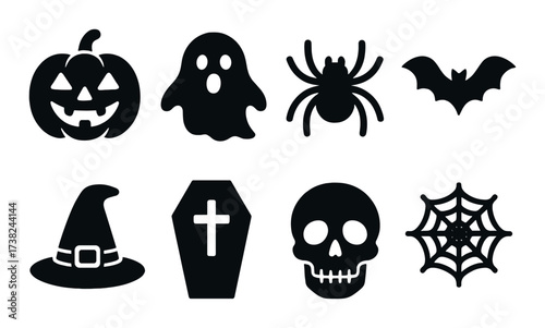 Halloween silhouettes: pumpkin, ghost, spider, bat, witch hat, coffin, skull, web