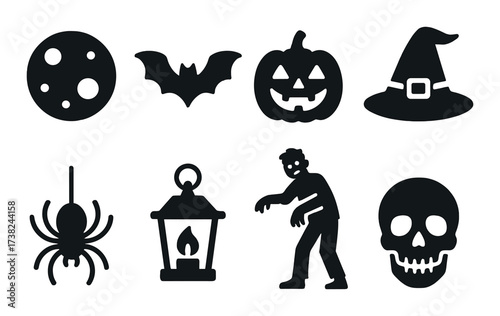 Halloween silhouettes: moon, bat, pumpkin, witch hat, spider, lantern, zombie, skull on dark background